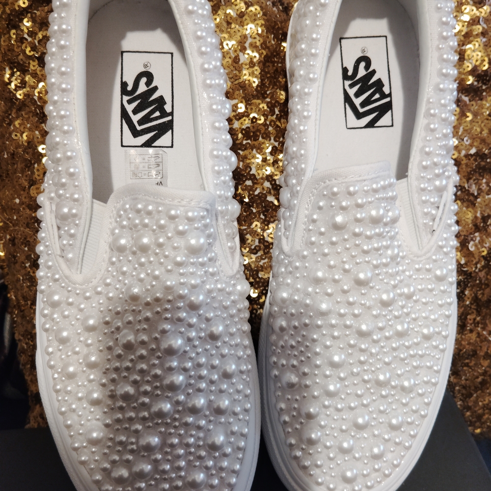Vans Women's Customized  Pearl-Studded White Slip-On Sneakers - Picture 3 of 4